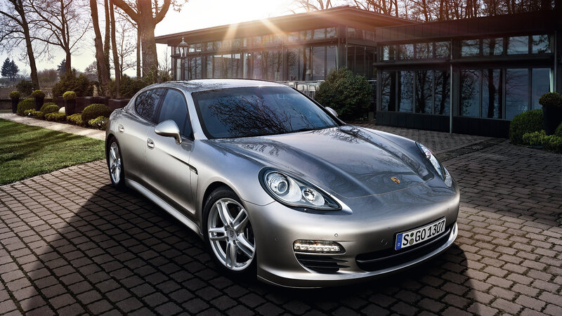 Silver Porsche Panamera — Dramatic, Sunset