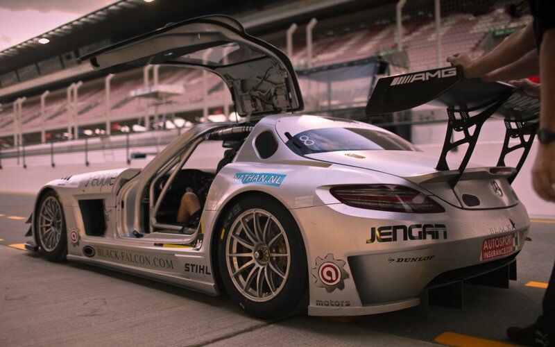 Silver Race Car — Dramatic, Sunset, Photograph, Race Track