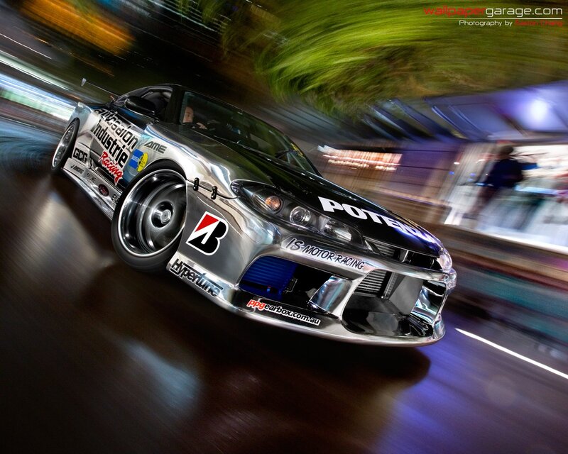 Silver Race Car Drifting — Dynamic, Night
