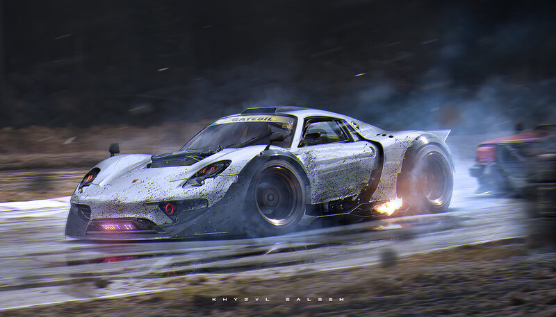 Silver Race Car Drifting — Gray, Dramatic, Night, Digital Art
