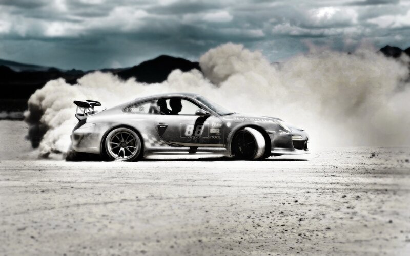 Silver Race Car Drifting — Gray, Dramatic