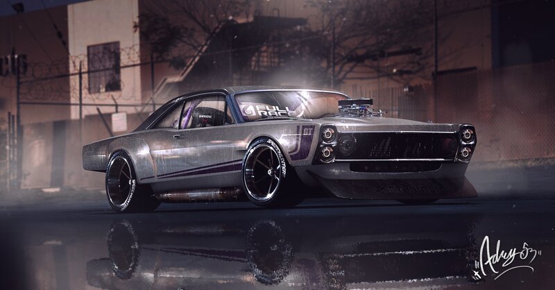 Silver Race Car — Gray, Dramatic, Night, Digital Art, Building