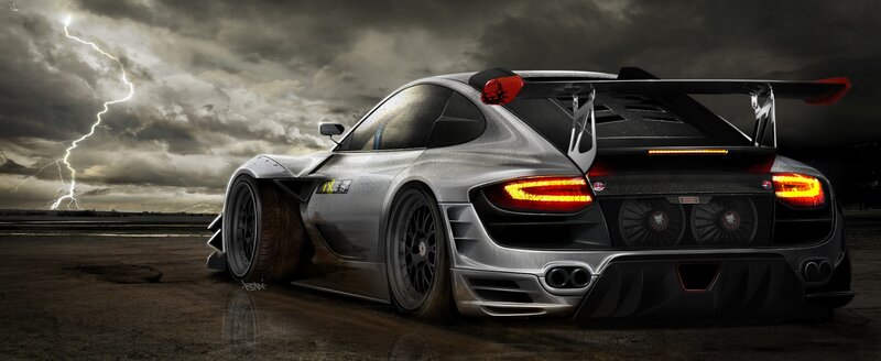 Silver Race Car — Gray, Dramatic, Night, Digital Art, Lightning