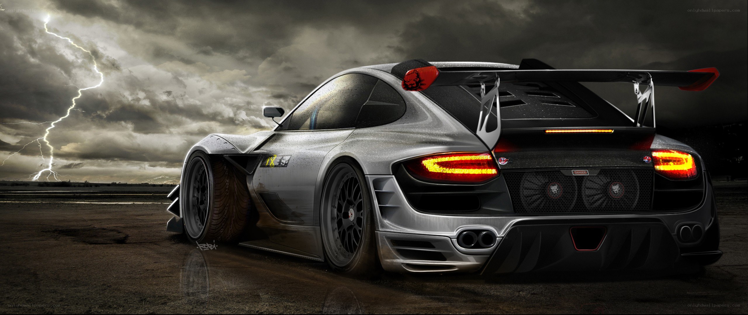 Silver race car in storm