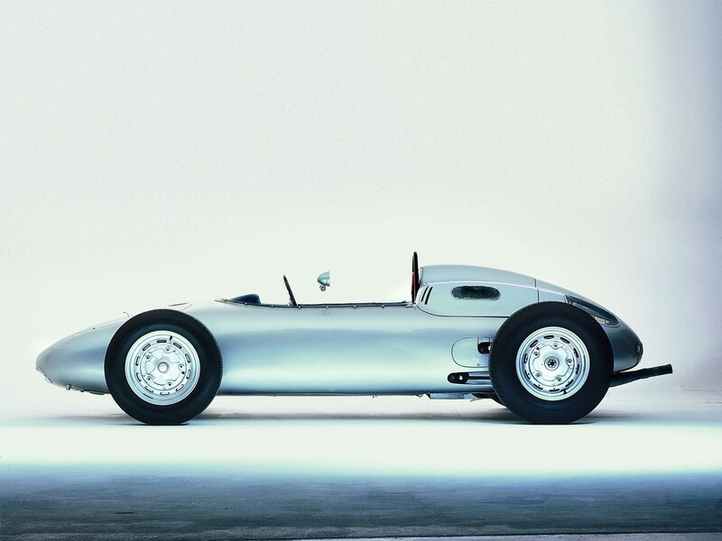 Silver race car side profile