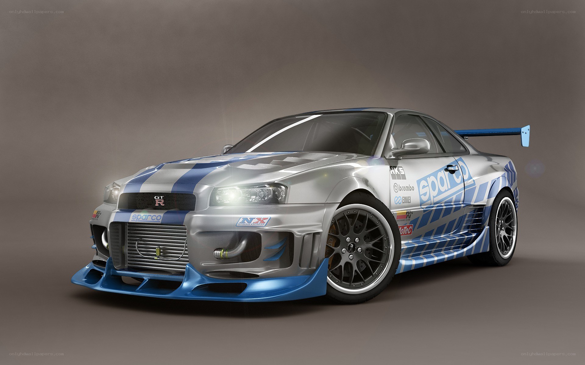 silver race car with blue stripes