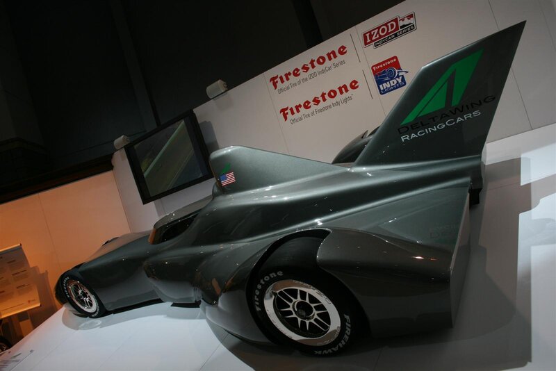 Silver racing car on display