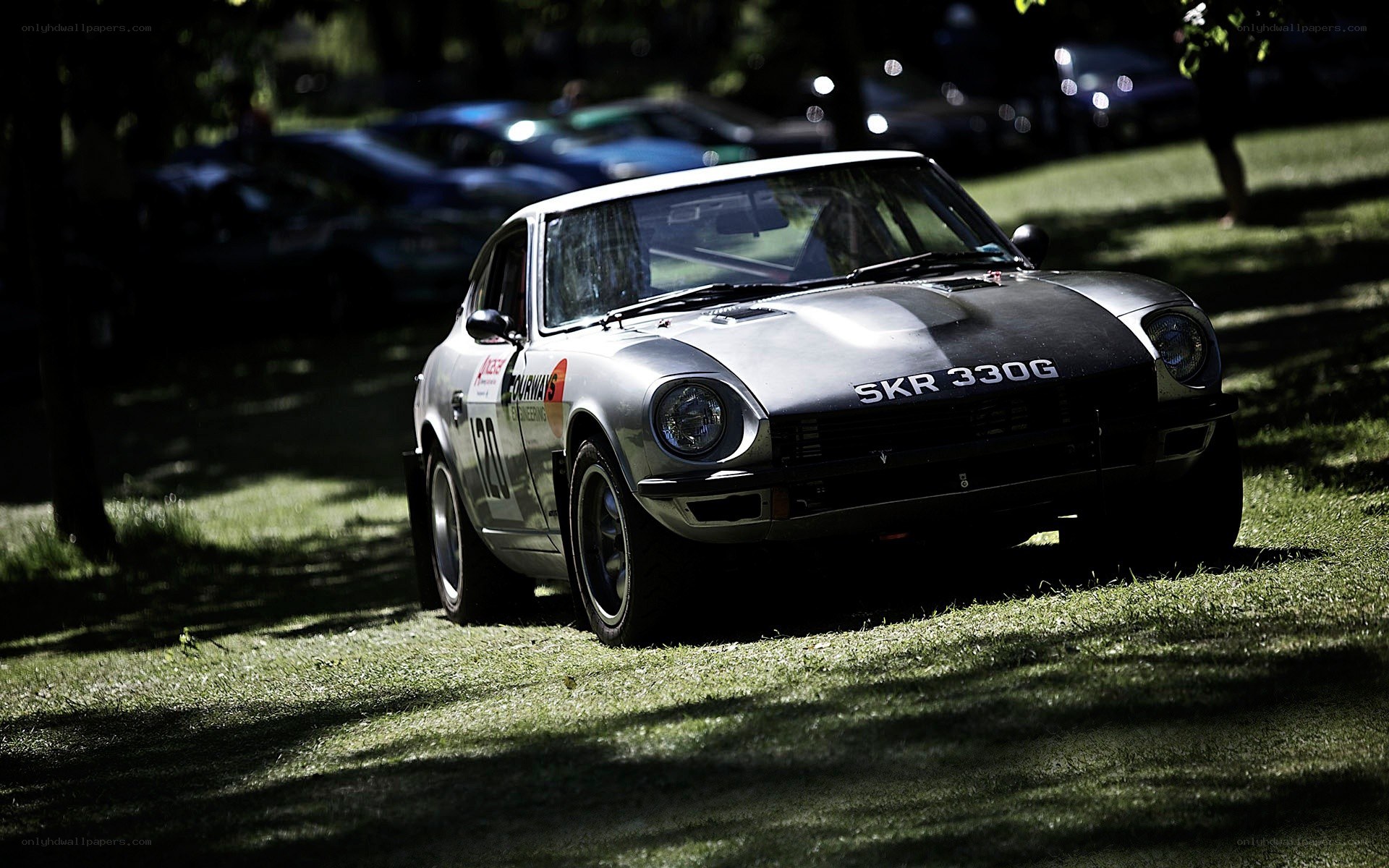 Silver rally car on grass
