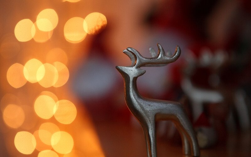 Silver reindeer figurine with bokeh lights