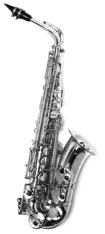 Silver saxophone on white background