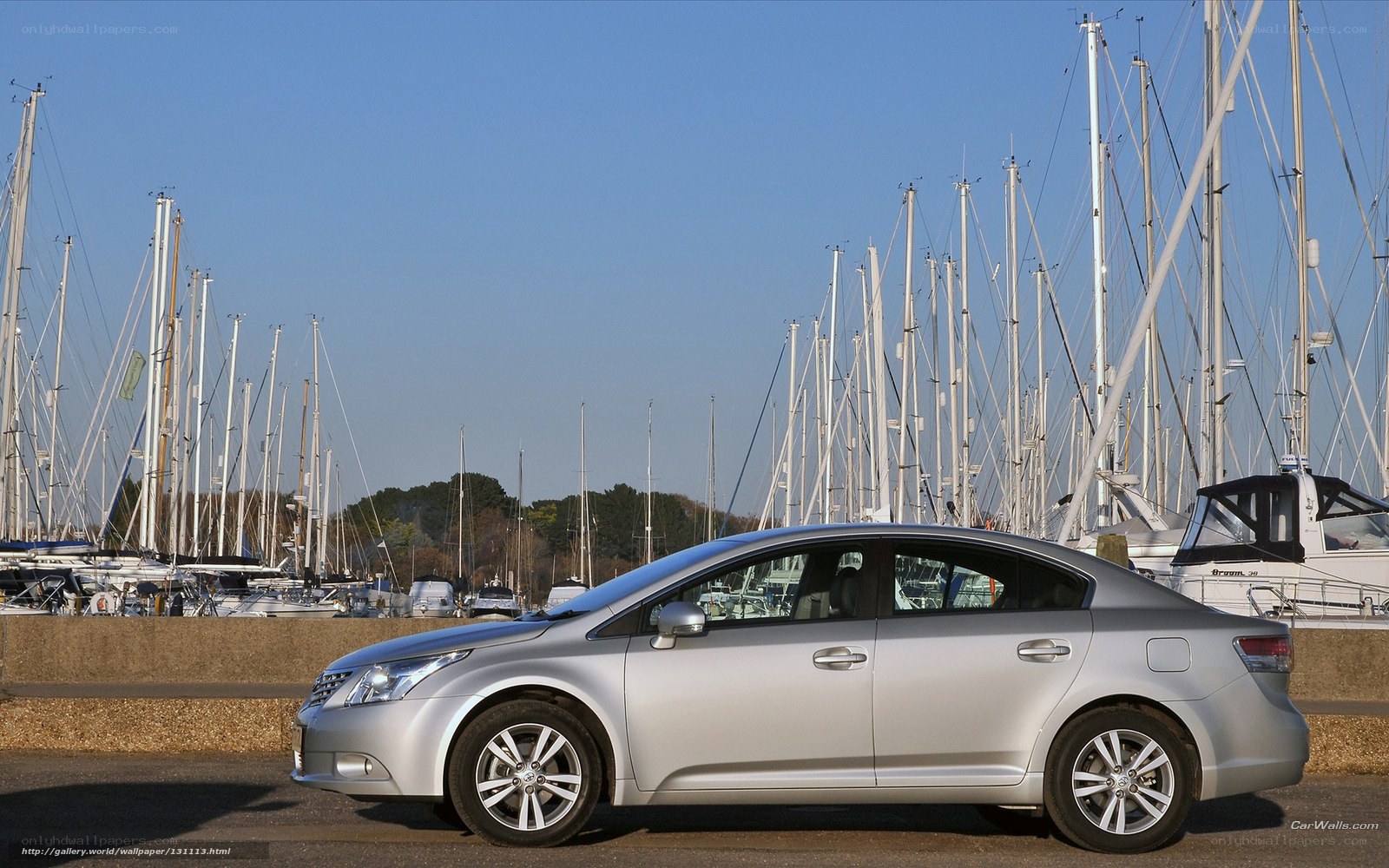 Silver sedan at marina