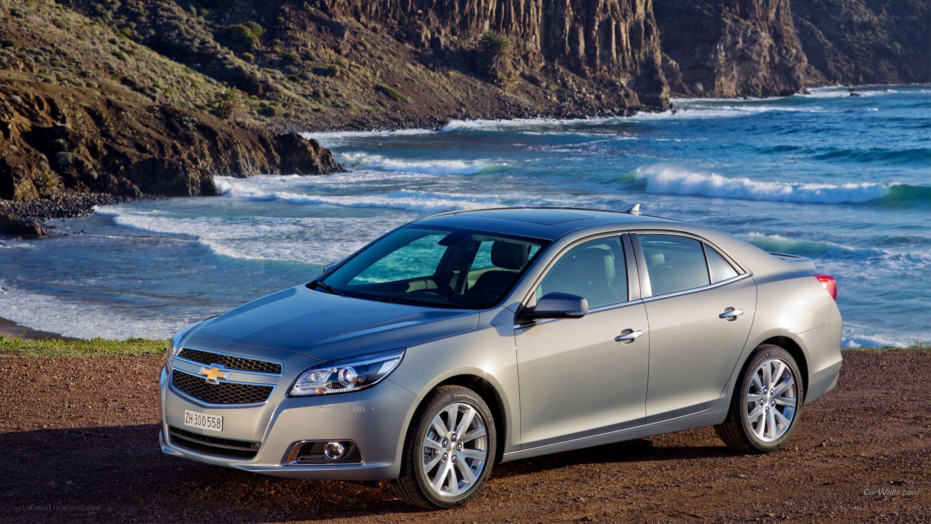 Silver sedan by the ocean