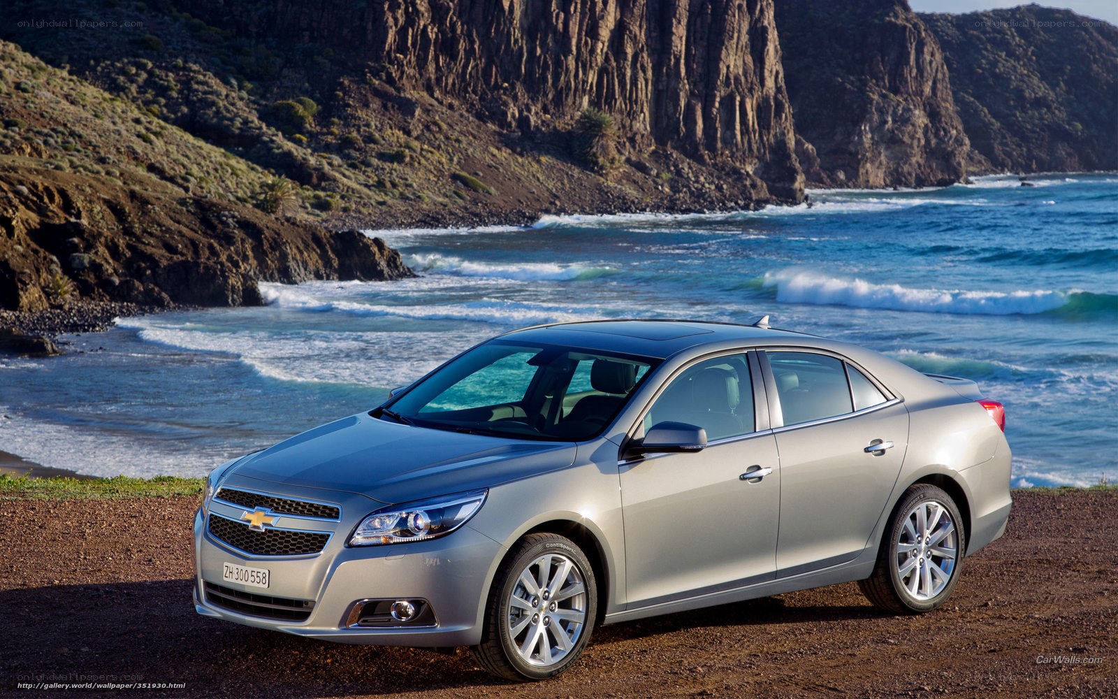 Silver sedan by the ocean
