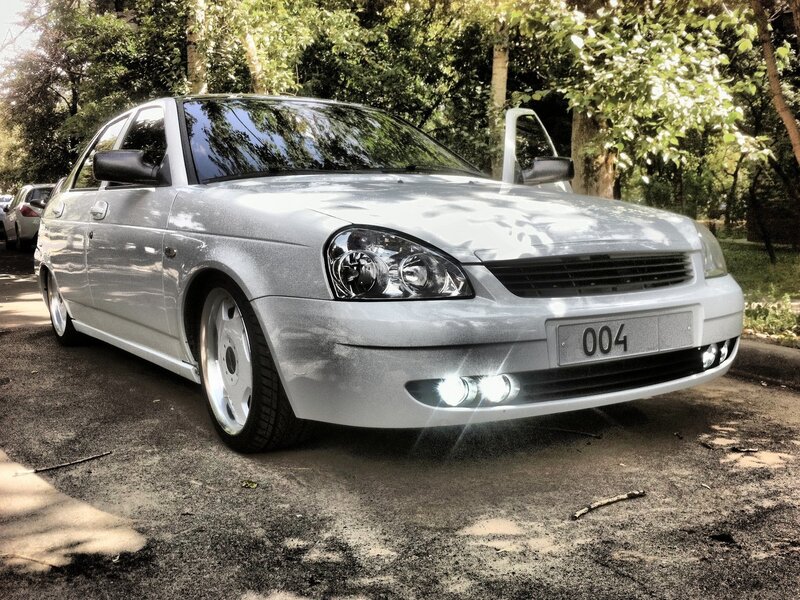 Silver Sedan Car — Calm, Afternoon, Photograph, Trees, Parking Lot