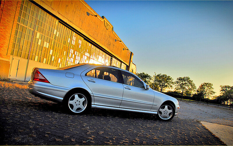 Silver Sedan Car — Dramatic, Sunset, Photograph, Building, Trees