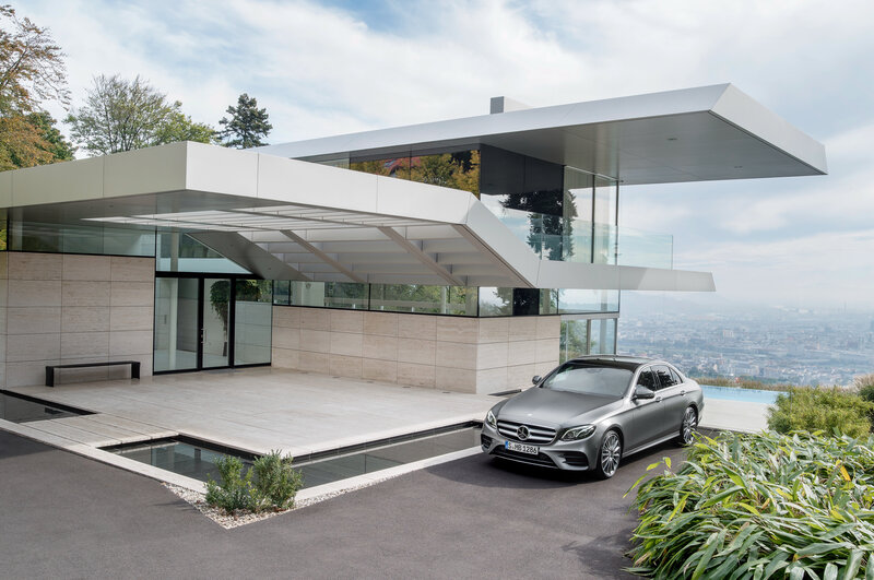 Silver Sedan Car — Gray, Serene, Afternoon, Photograph, Modern House, City View