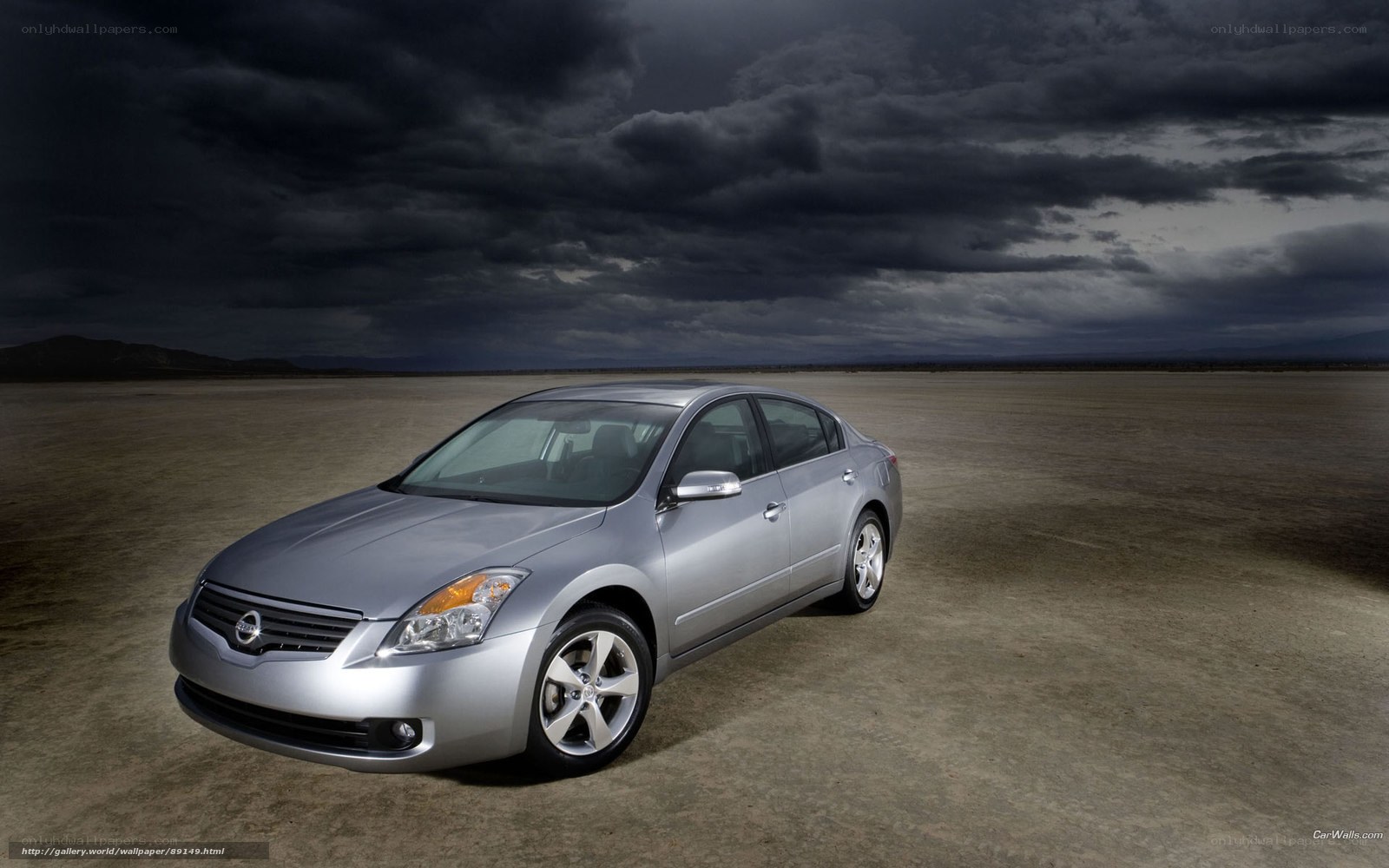 Silver sedan in desert storm