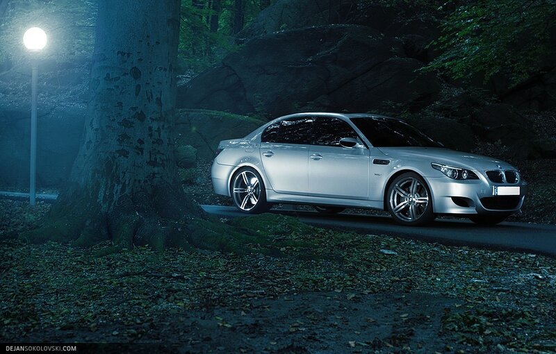 Silver Sedan in Forest — Dramatic