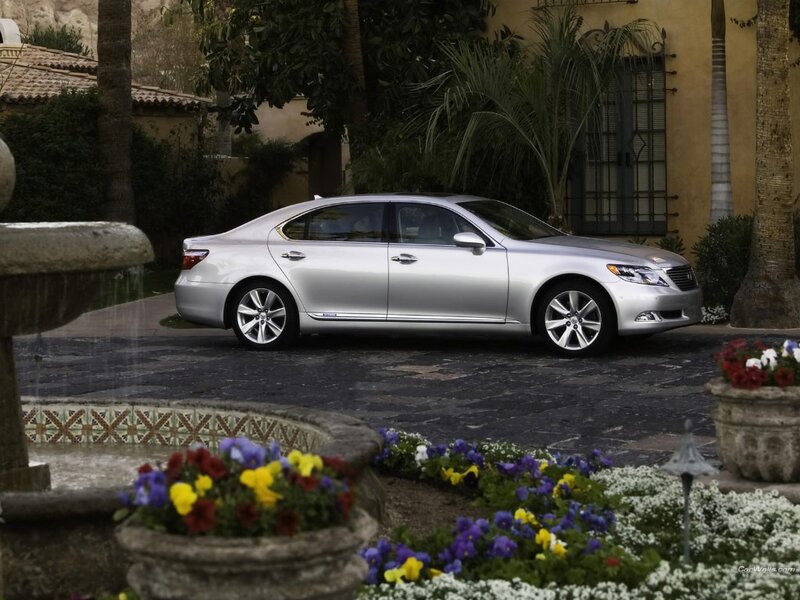 Silver sedan in garden setting