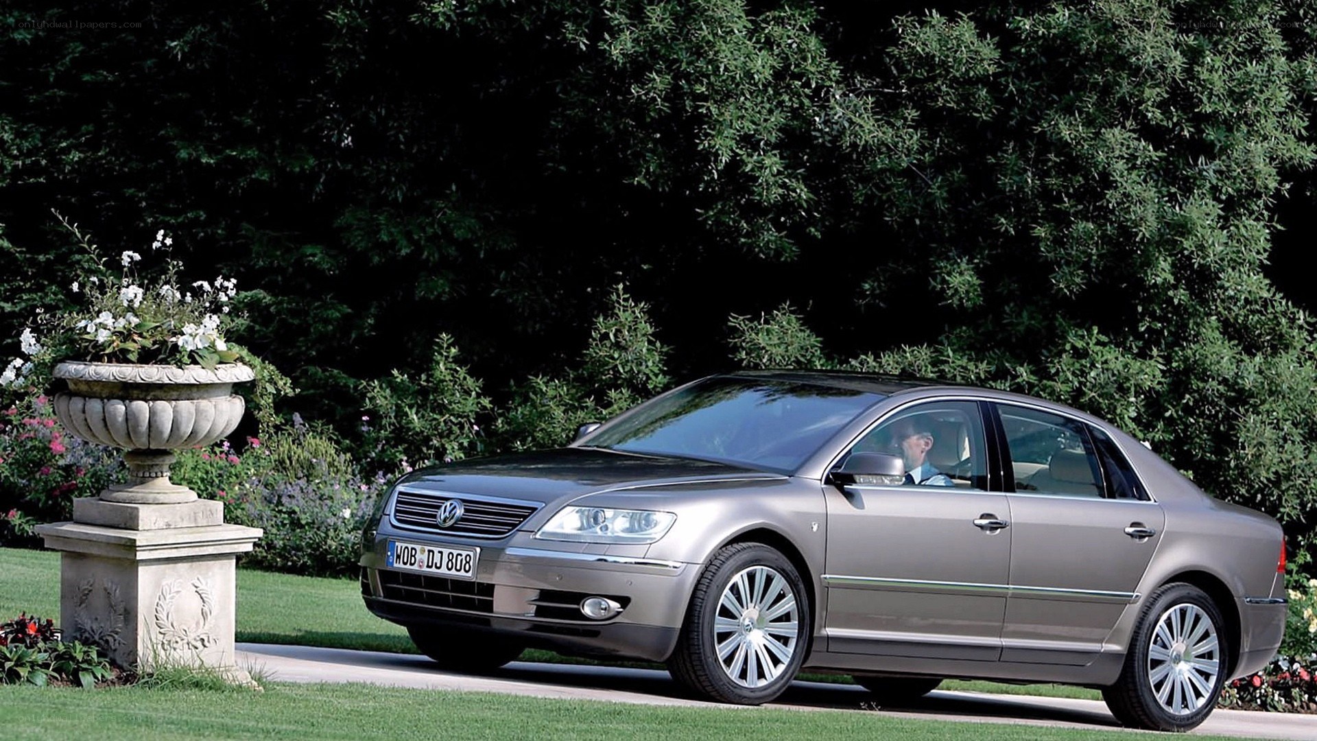 Silver sedan in garden setting