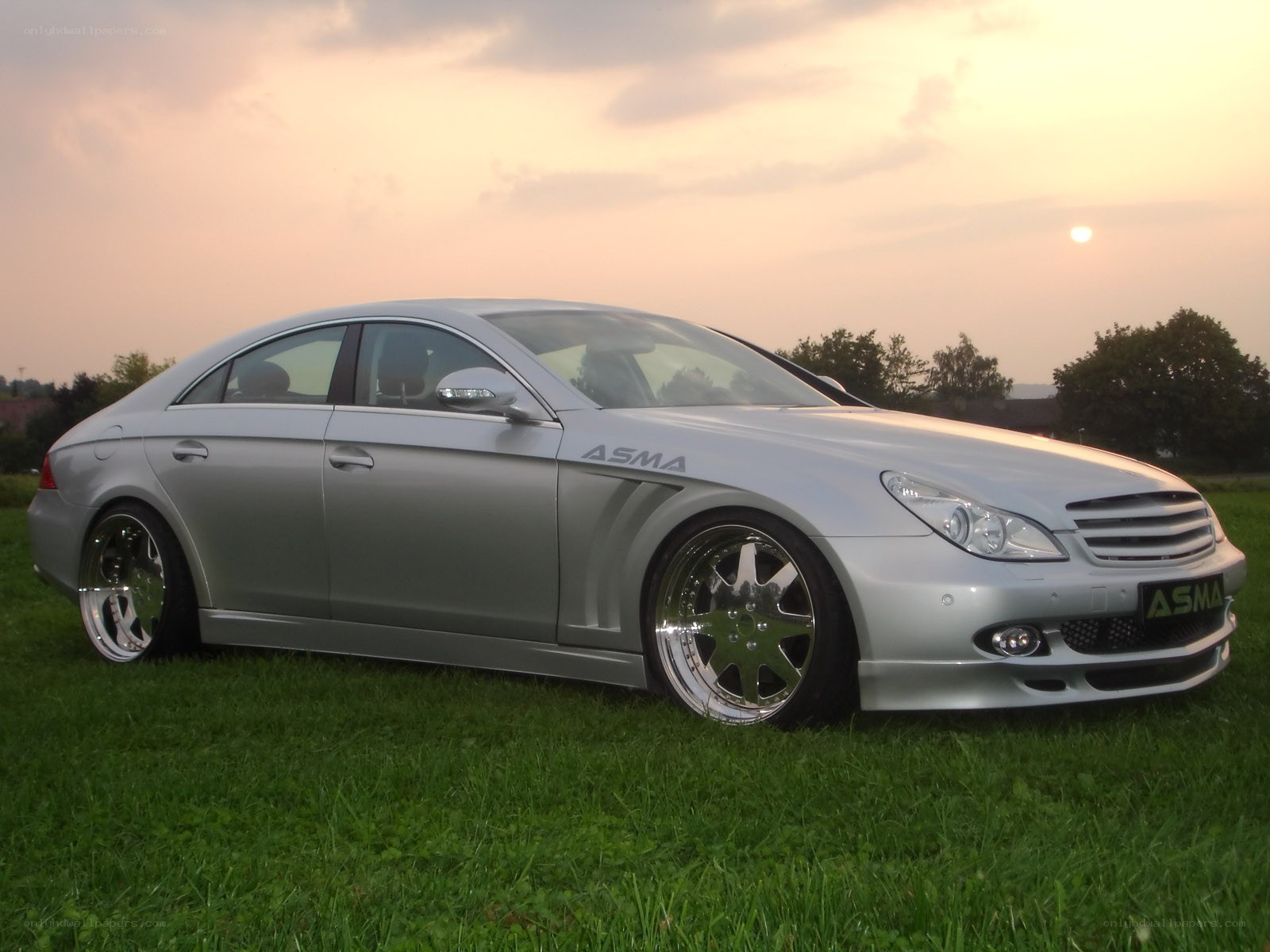 silver sedan on grass at sunset