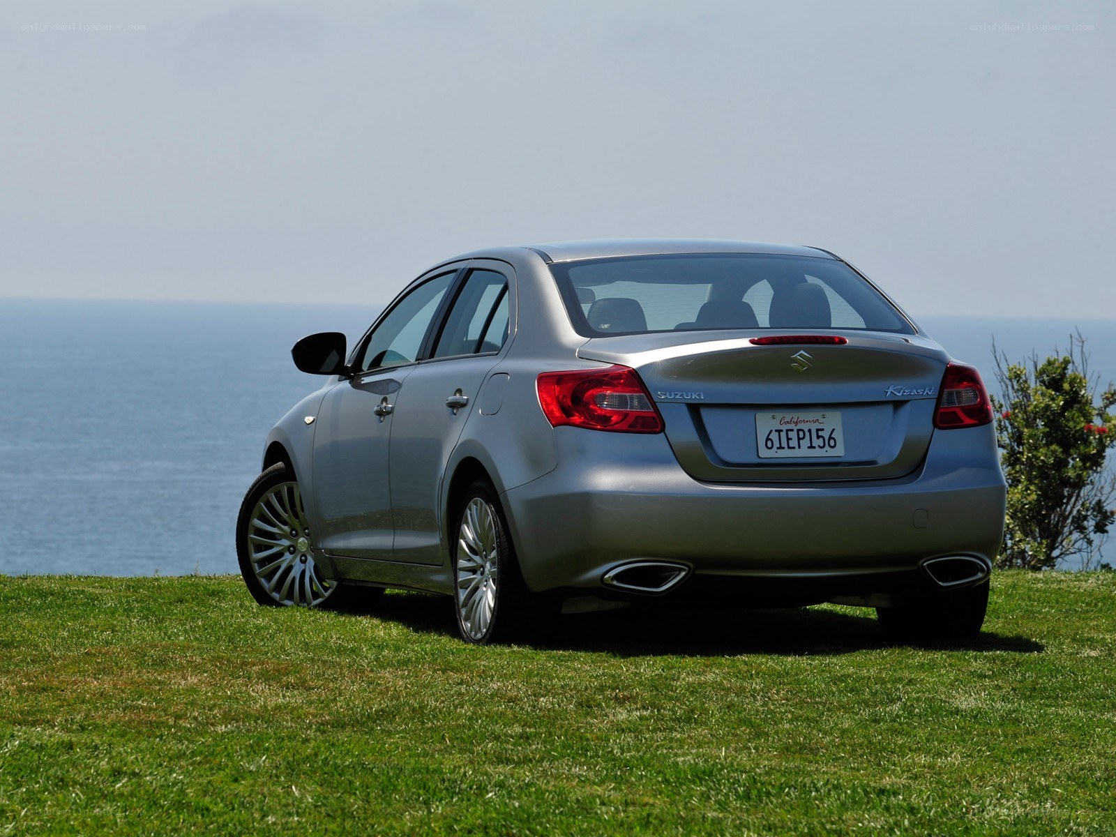 Silver sedan on grass by the ocean