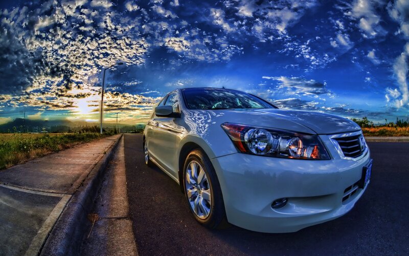 Silver Sedan on Road — Blue, Dramatic, Sunset