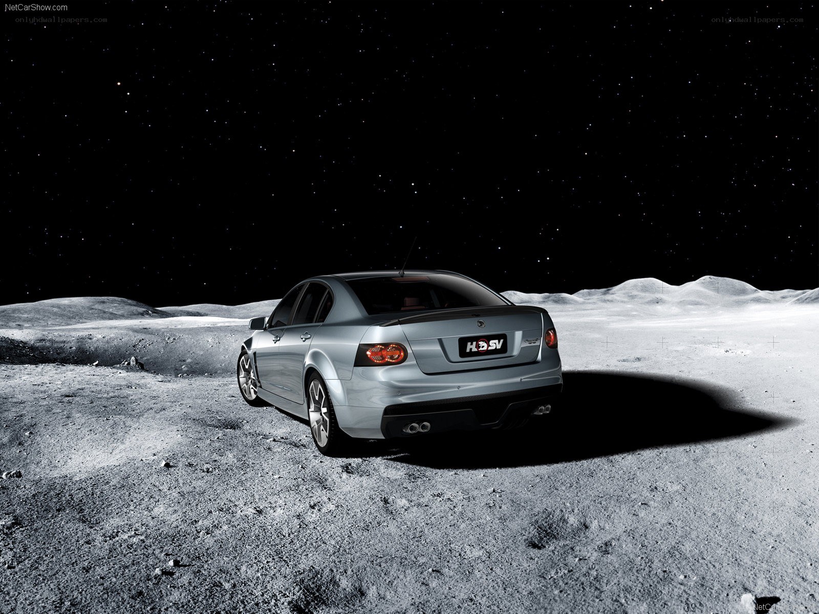 Silver sedan on the moon