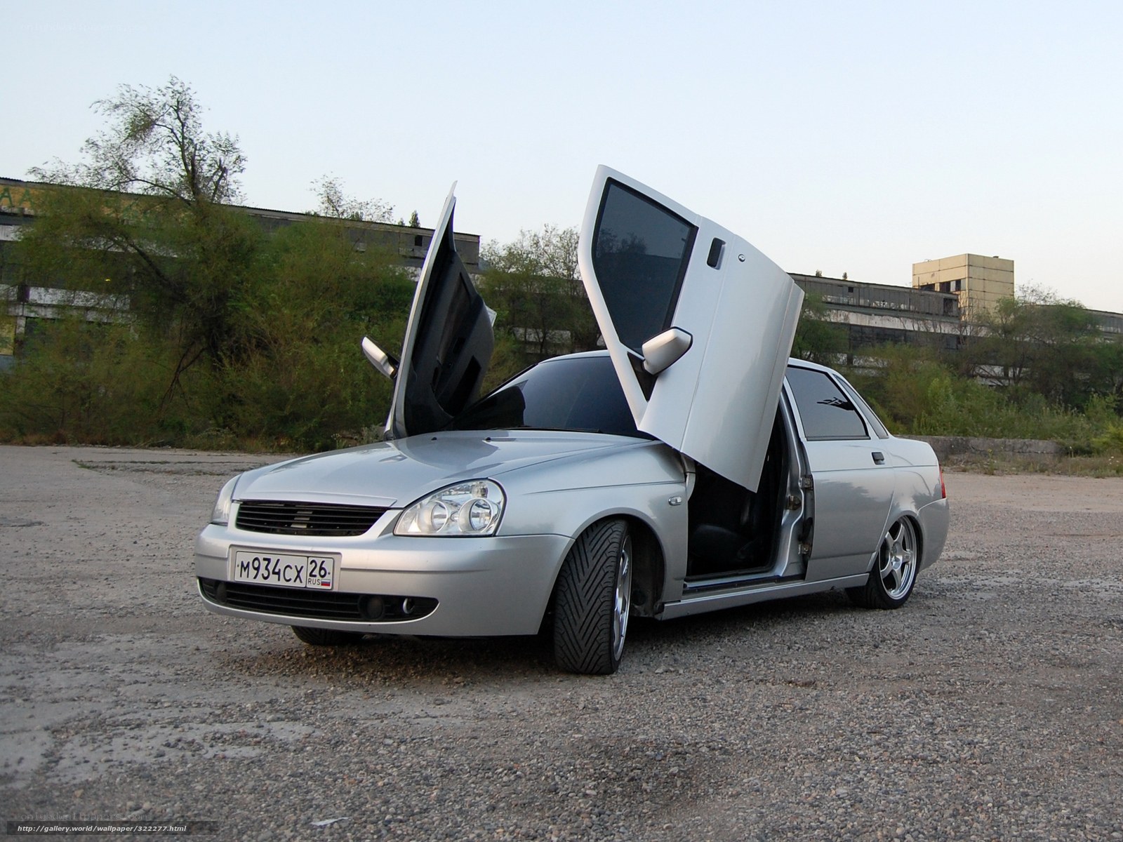 Silver sedan with gullwing doors