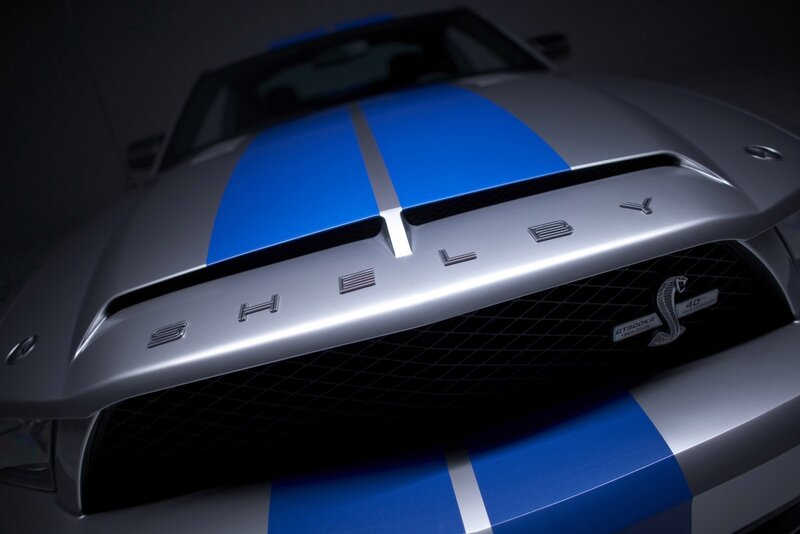 Silver Shelby GT500KR — Dramatic, Photograph, Blue Racing Stripes, Grille, Snake Emblem