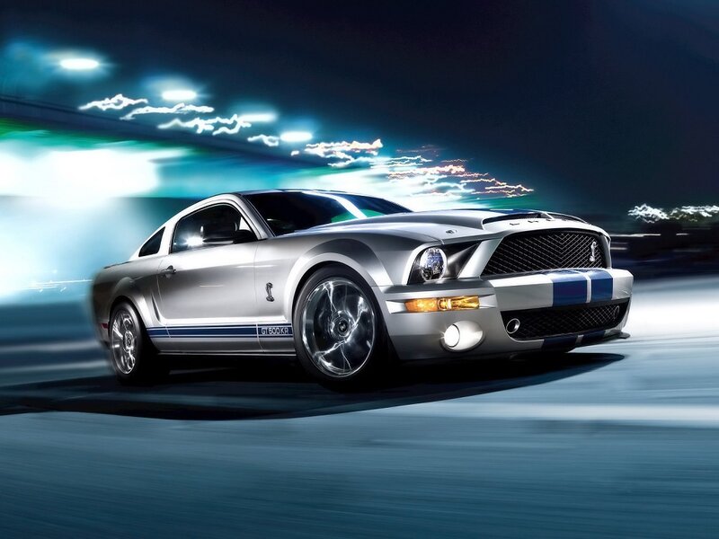 Silver Shelby GT500KR on a night road