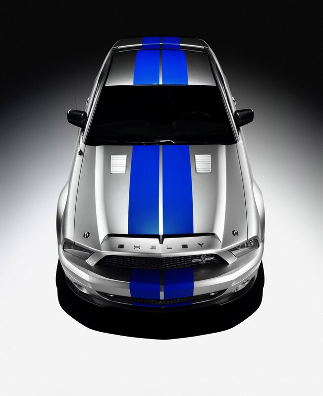 Silver Shelby Mustang — Dramatic, Photograph, Blue Racing Stripes, Hood Vents