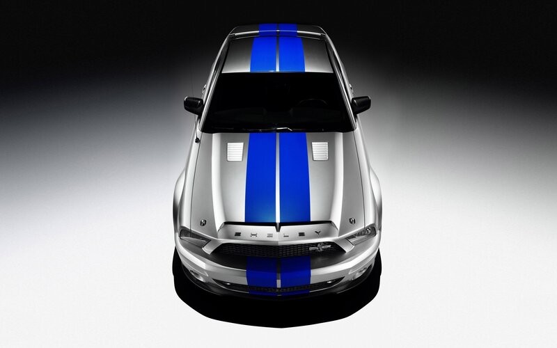 Silver Shelby Mustang — Dramatic, Photograph, Blue Stripes, Hood Vents, Grille, Blue