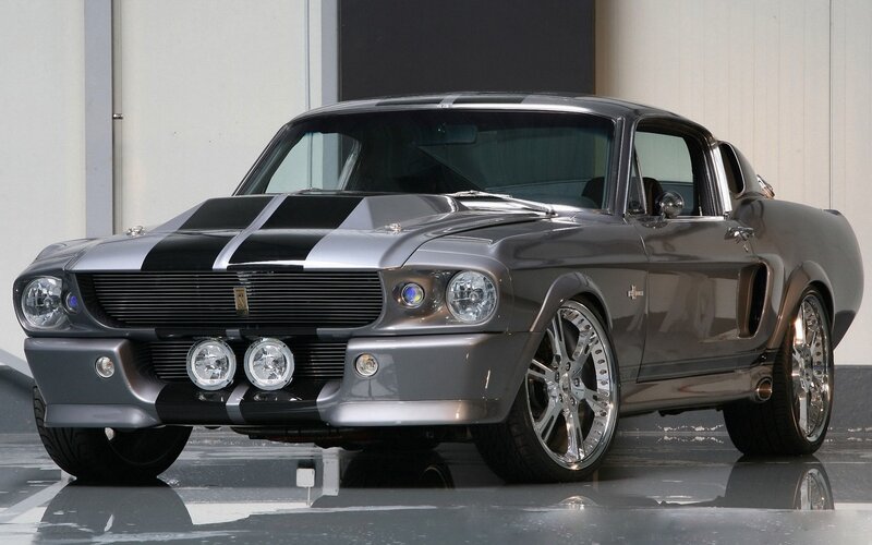 Silver Shelby Mustang with stripes