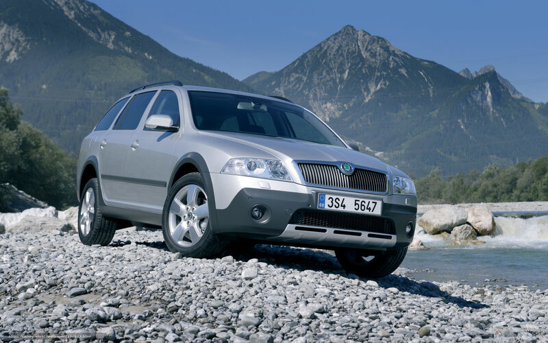 Silver Skoda Octavia on riverbank