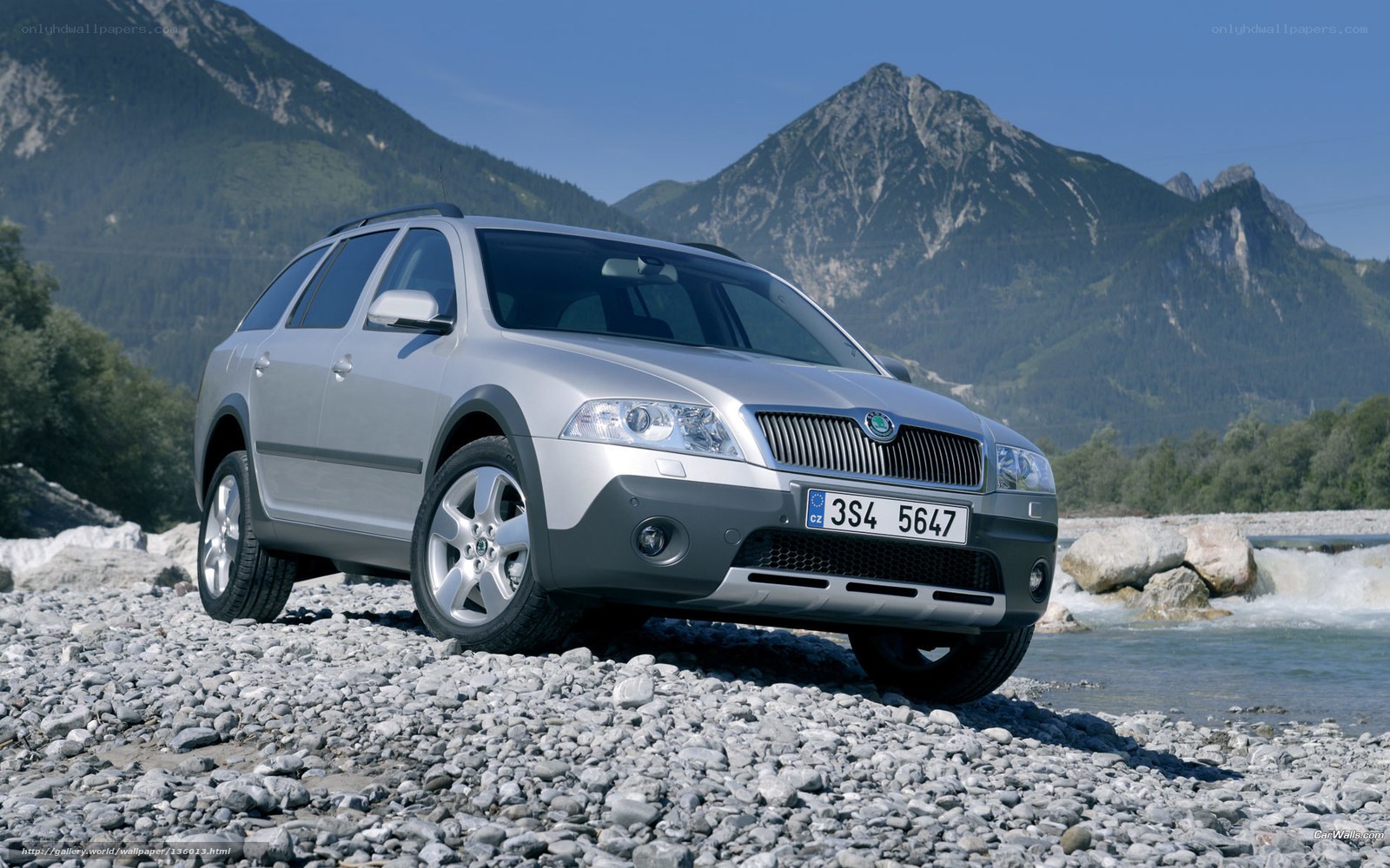 Silver Skoda Octavia on riverbank