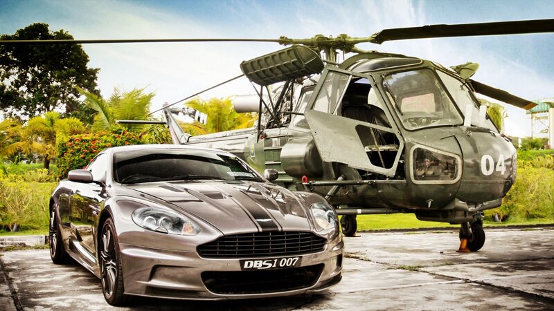 Silver Sports Car and Helicopter