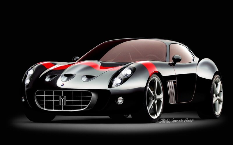 Silver Sports Car — Black, Dramatic, Digital Art, Red Stripes, Grille
