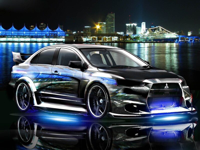 Silver Sports Car — Black, Dramatic, Night, Digital Art, City Skyline