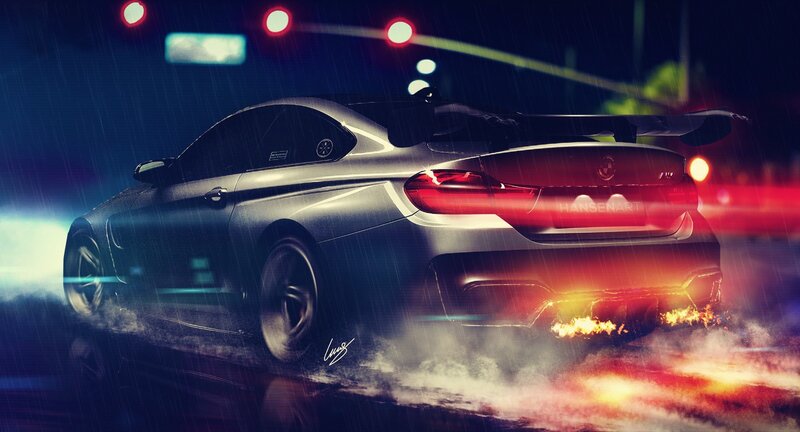 Silver Sports Car — Black, Dramatic, Night, Digital Art, Rain