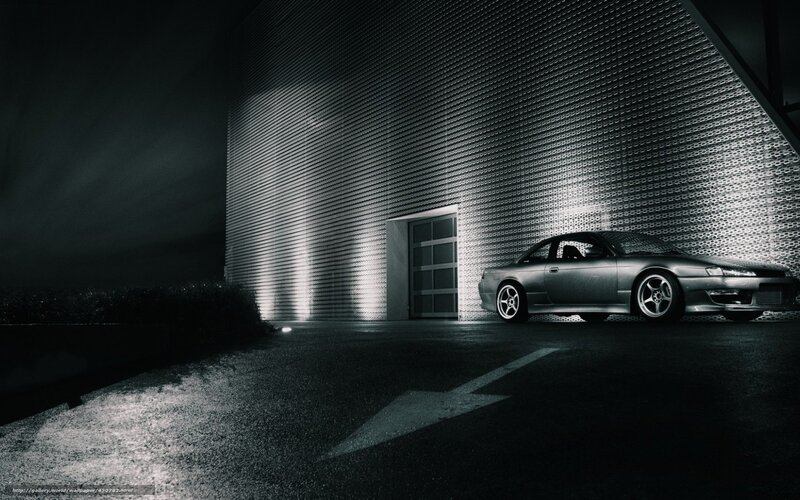 Silver Sports Car — Black, Dramatic, Night, Photograph, Building