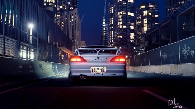 Silver Sports Car — Black, Dramatic, Night, Photograph, City Buildings