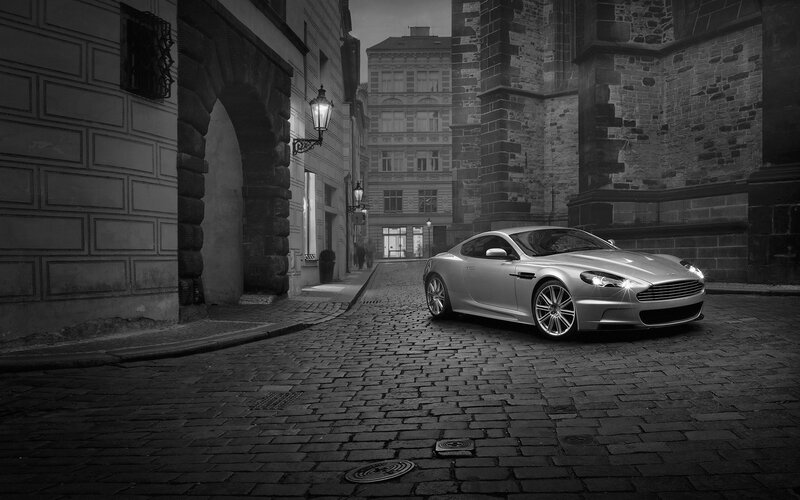 Silver Sports Car — Black, Dramatic, Night, Photograph, Cobblestone Street