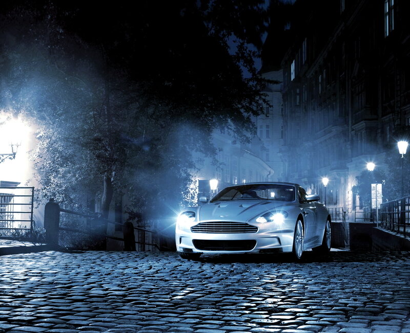 Silver Sports Car — Blue, Dramatic, Night, Photograph, Cobblestone Street