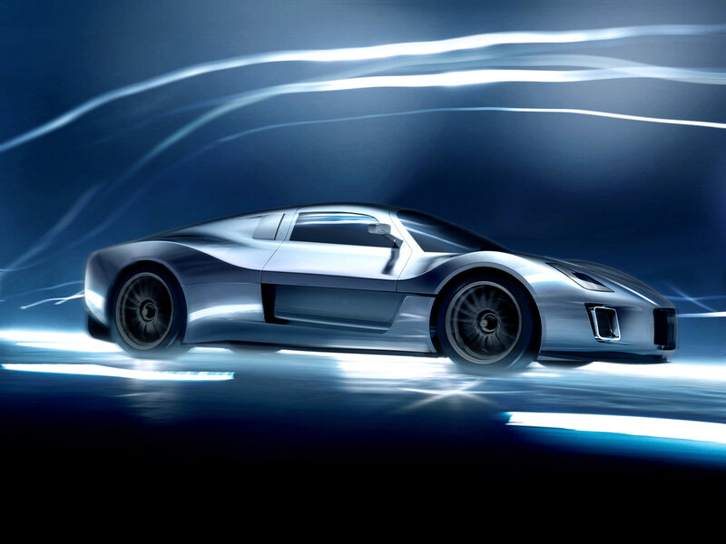 Silver Sports Car — Blue, Dynamic, 3d Render, Light Streaks