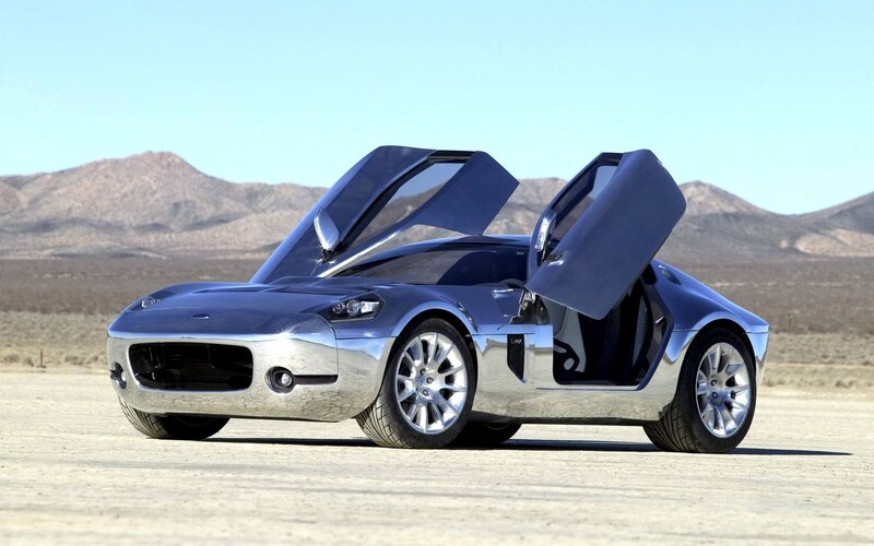Silver Sports Car — Dramatic, Afternoon, Photograph, Desert, Mountains, Open Doors
