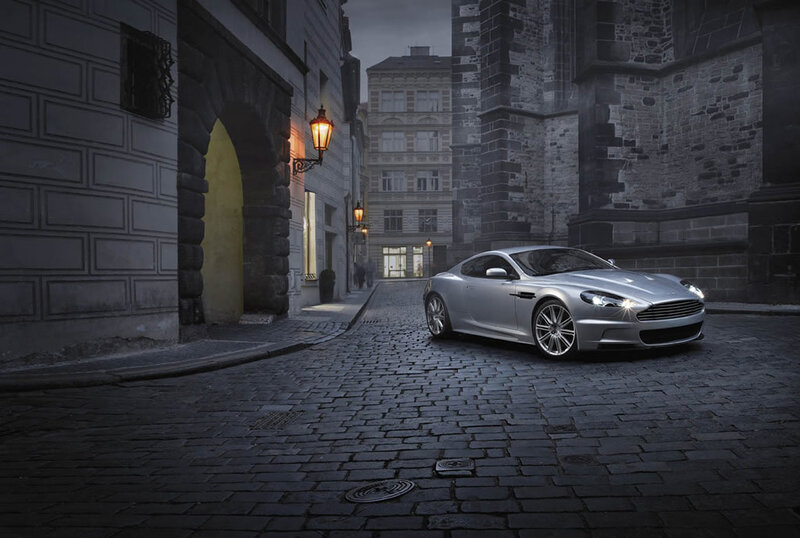 Silver Sports Car — Dramatic, Cobblestone Street