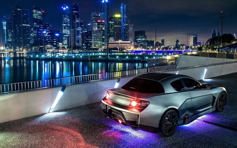 Silver Sports Car — Dramatic, Night, 3d Render, City Skyline