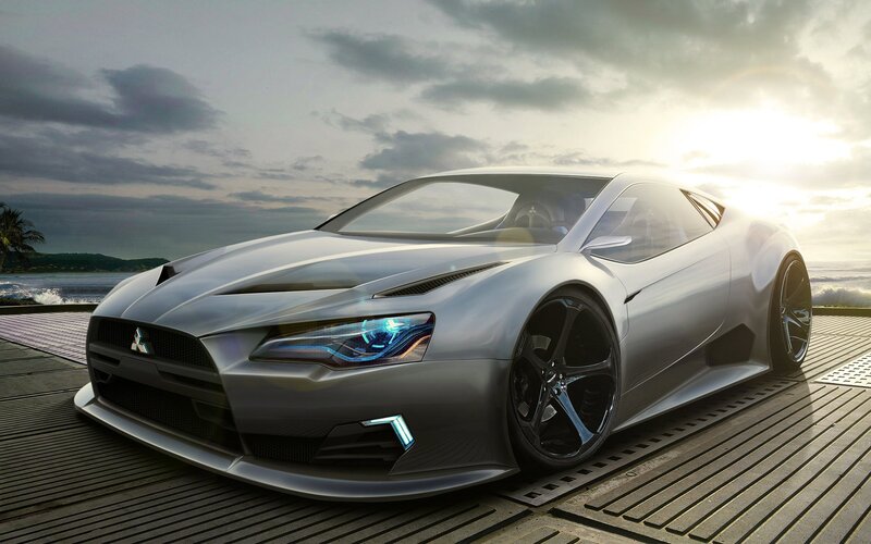Silver Sports Car — Dramatic, Sunset, 3d Render, Ocean, Palm Tree, Blue