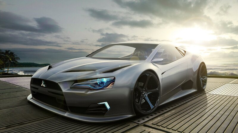 Silver Sports Car — Dramatic, Sunset, 3d Render, Ocean, Palm Trees